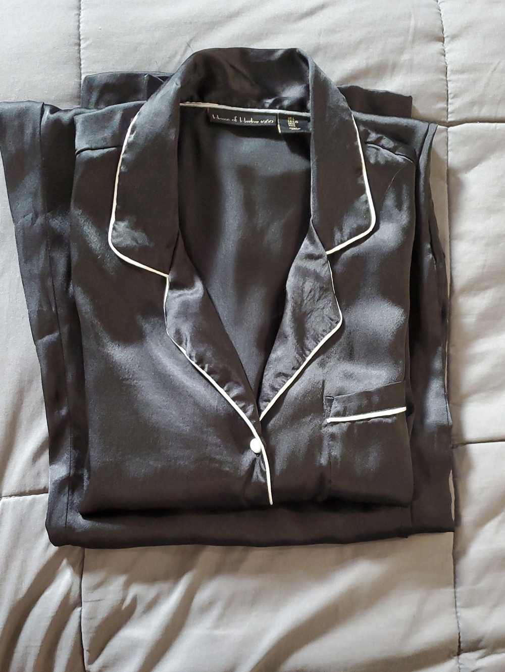 Black Satin Pajama-Style Dress Shirt with White Piping